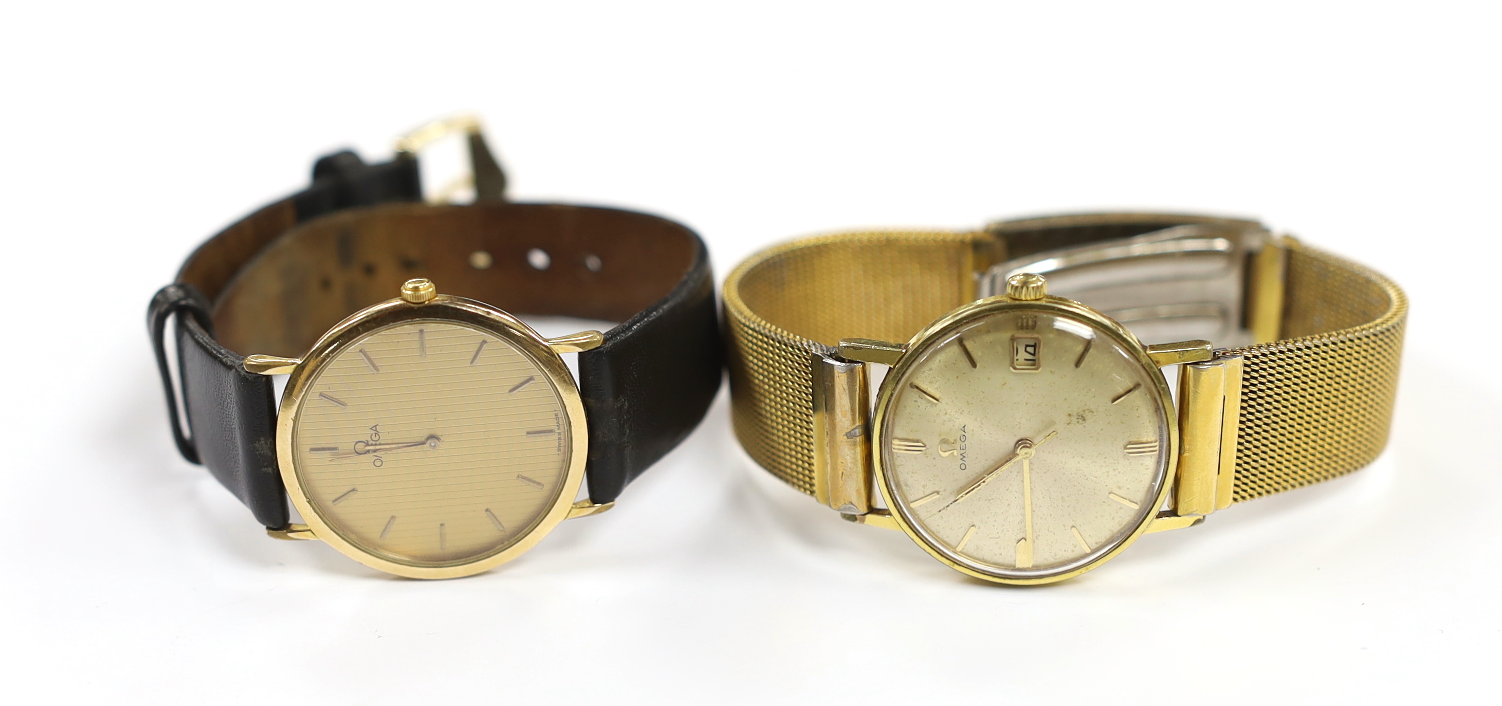 Two gentleman's steel and gold plated Omega wrist watches, De Ville quartz and manual wind, both on associated straps, with one Omega box.